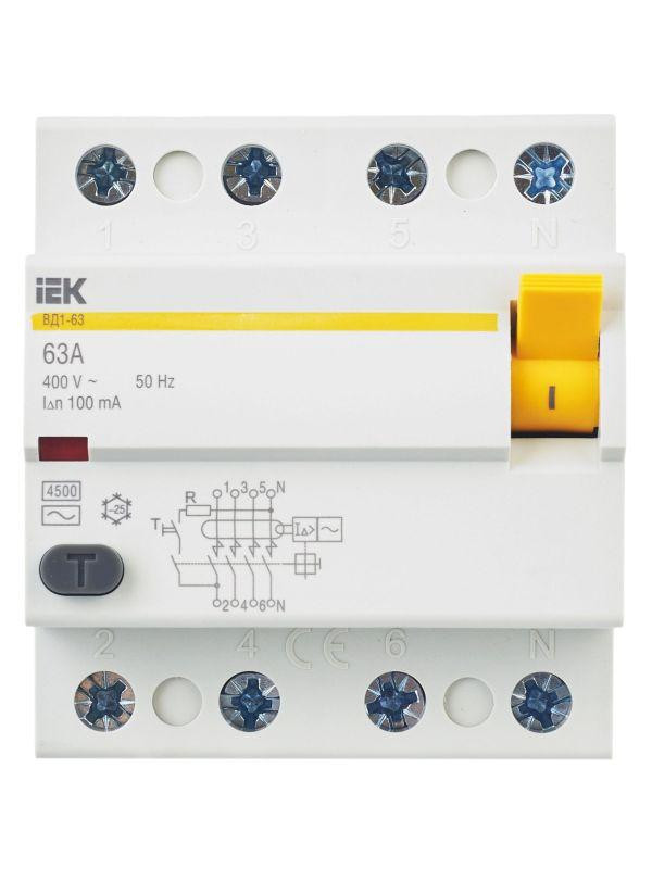 Выключатель дифференциального тока (УЗО) 4п 63А 100мА тип AC ВД1-63 KARAT IEK MDV10-4-063-100