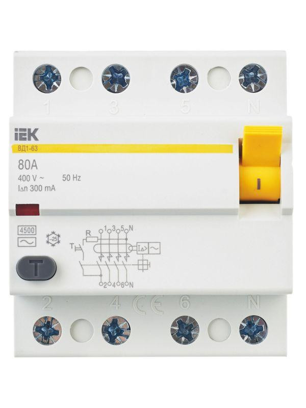 Выключатель дифференциального тока (УЗО) 4п 80А 300мА тип AC ВД1-63 KARAT IEK MDV10-4-080-300