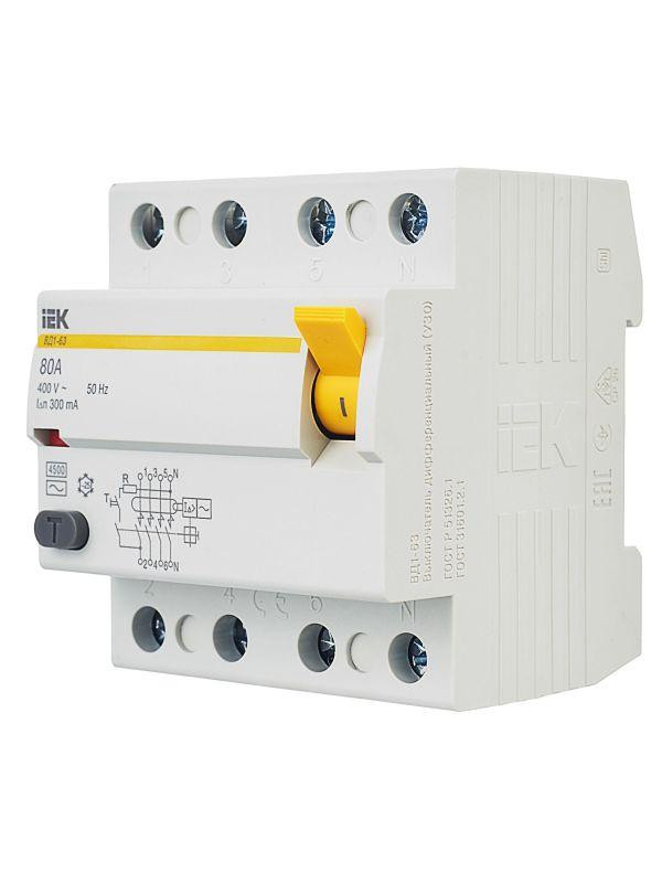 Выключатель дифференциального тока (УЗО) 4п 80А 300мА тип AC ВД1-63 KARAT IEK MDV10-4-080-300
