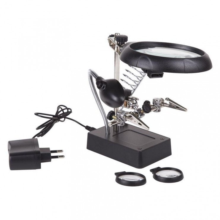 Держатель "третья рука" с лупой х2.5 подставка под паяльник LED подсветка Rexant 12-0250