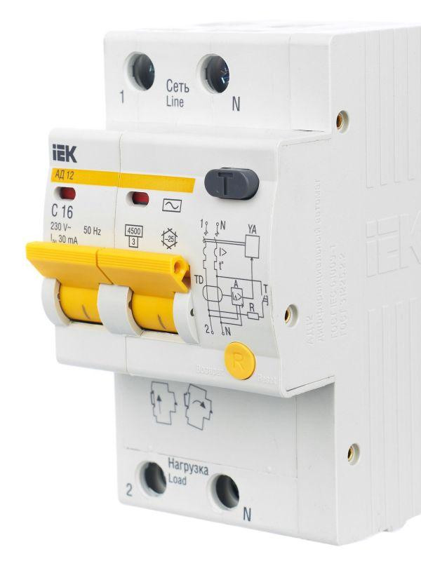 Выключатель автоматический дифференциального тока 2п C 16А 30мА тип AC 4.5кА АД-12 KARAT IEK MAD10-2-016-C-030