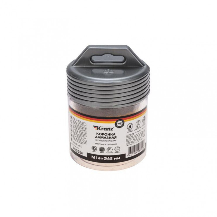 Коронка алмазная профессиональная по керамограниту и железобетону М14 вакуумное спекание 68мм для УШМ Kranz KR-92-1025