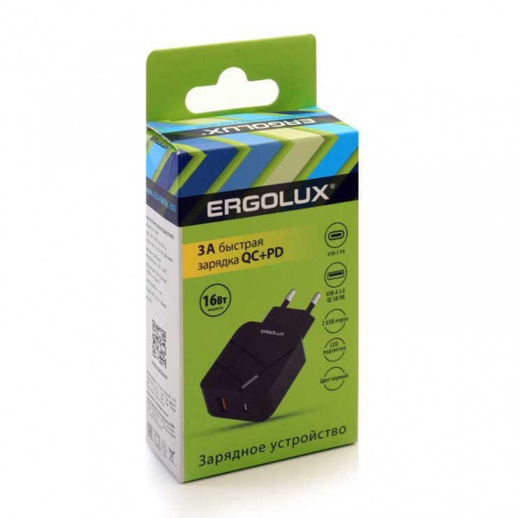 Адаптер сетевой ELX-РA01QC-C02 1USB+1Type C 100-220В 5-9В/3А QC коробка черн. ERGOLUX 15108