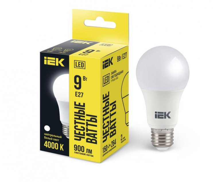 Лампа светодиодная Eco 9Вт A60 грушевидная 4000К нейтр. бел. E27 810лм 230-240В IEK LLE-A60-9-230-40-E27