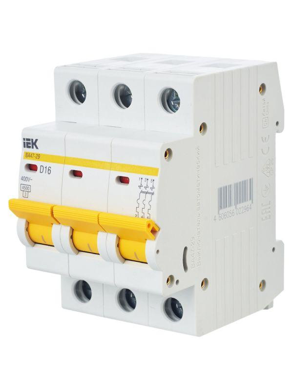 Выключатель автоматический модульный 3п D 16А 4.5кА ВА47-29 KARAT IEK MVA20-3-016-D