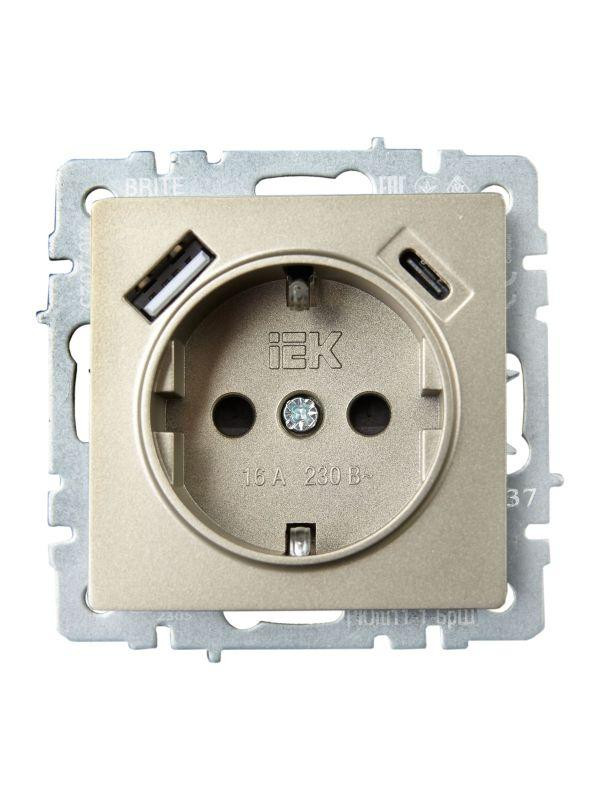 Розетка BRITE РЮш11-1-БрШ 16А с USB A+C 18Вт с заземл. защ. шторки механизм шампань IEK BR-R14-16-U22-018-K37