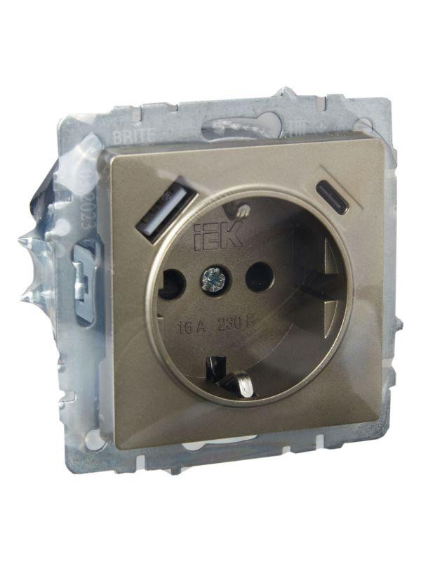Розетка BRITE РЮш11-1-БрШ 16А с USB A+C 18Вт с заземл. защ. шторки механизм шампань IEK BR-R14-16-U22-018-K37