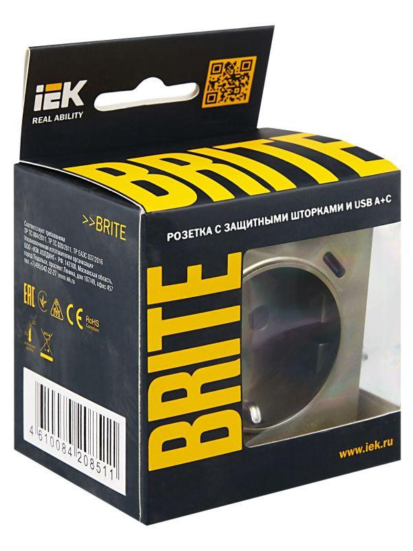 Розетка BRITE РЮш11-1-БрШ 16А с USB A+C 18Вт с заземл. защ. шторки механизм шампань IEK BR-R14-16-U22-018-K37