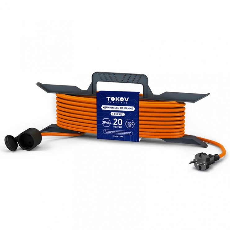 Удлинитель-шнур на рамке 1х20м без заземл. 6А IP44 2х0.75 с защ. крышкой TOKOV ELECTRIC TKE-SR20-075