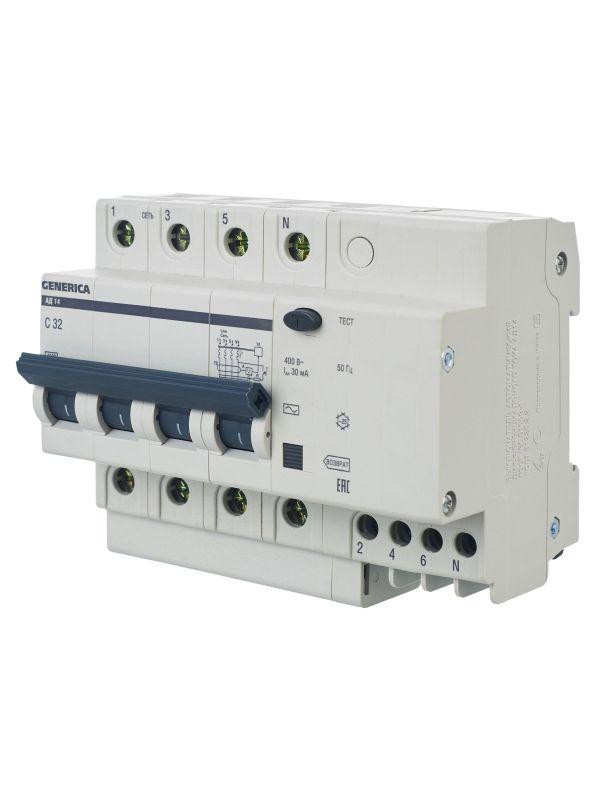 Выключатель автоматический дифференциального тока 4п 32А 30мА АД14 GENERICA MAD15-4-032-C-030