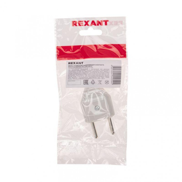 Вилка прямая 6А плоская без заземл. бел. Rexant 11-8946