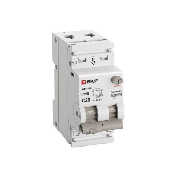 Выключатель автоматический дифференциального тока 2п (1P+N) C 20А 30мА тип A 6кА АВДТ-63N (электрон.) PROxima EKF D63N26EA20C30