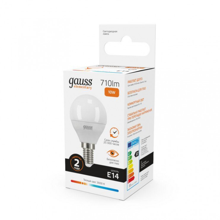 Лампа светодиодная Elementary 10Вт P45 шар 3000К тепл. бел. E14 710лм GAUSS 53110