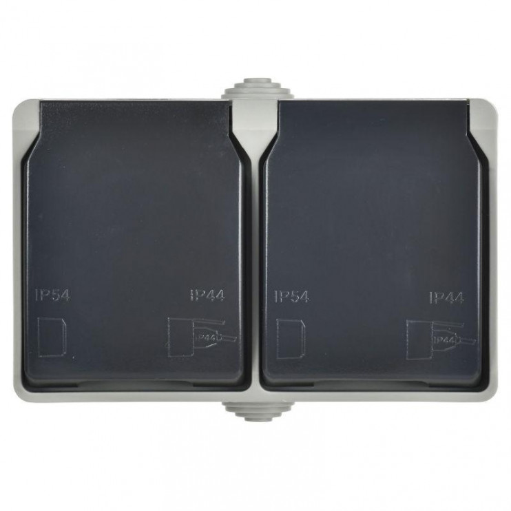 Розетка 2-м ОП Форс РСб22-3-ФСр 16А IP54 с заземл. с крышкой сер. IEK ERS22-K03-16-54-DC