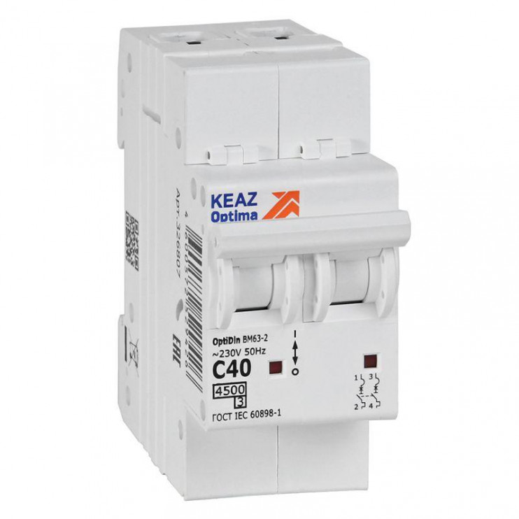 Выключатель автоматический модульный 2п C 40А 4.5кА OptiDin BM63-2C40-4.5-УХЛ3 КЭАЗ 326807